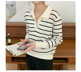 Striped Turn Down Collar Long Sleeve Sweater