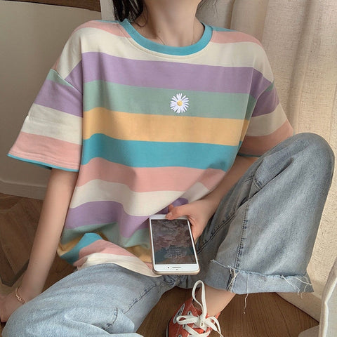 Loose Daisy Embroidered Short Sleeve Striped Shirt