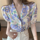 Short Sleeve French Style Vintage Floral Blouse Shirt