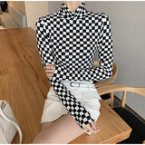 Long Sleeve Turtleneck Checkerboard Plaid Stretchy Shirt
