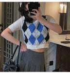 Retro Argyle Pattern Knitted Cropped Sweater