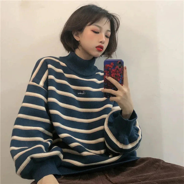 Turtleneck Striped Loose Sweater – Nada Outfit Land