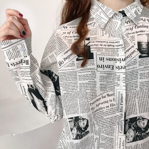 Newspaper Printed Turn Down Collar Blouse Shirt