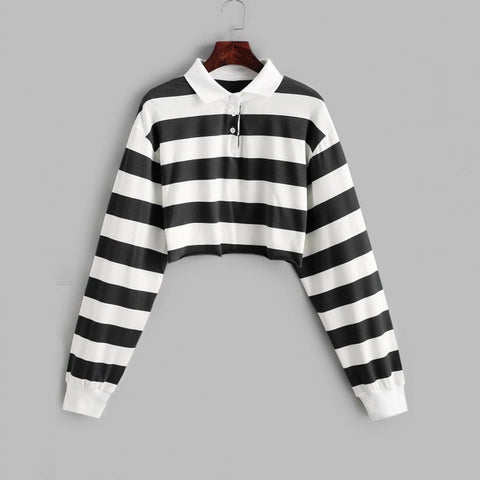 Colors Striped Long Sleeve Polo Collar Cropped Shirt