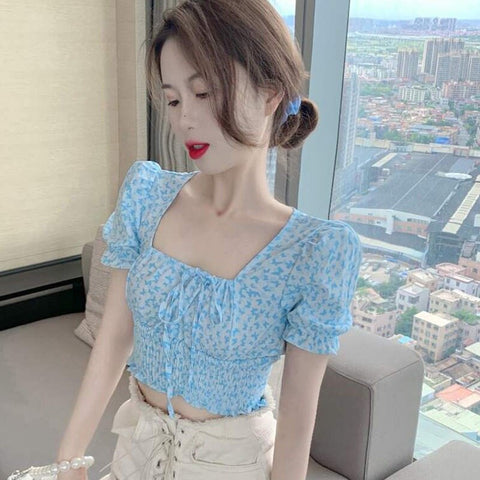 Sexy Puff Sleeve Square Collar Butterfly Printed Shirt
