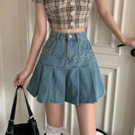 High Waist Pleated Mini Denim Skirt