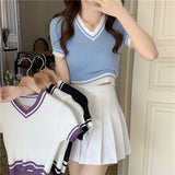 Short Sleeve V-Neck Knitted Slim Crop Tops