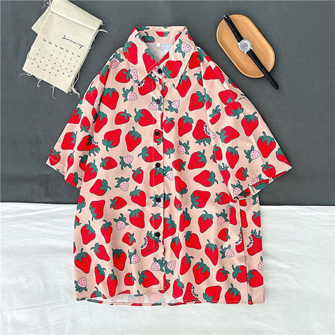 Cute Strawberry Printed Short Sleeve Blouse Shirt – Nada Outfit Land