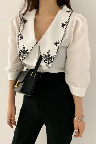 Elegant Floral Embroidered Retro Collar Blouse Shirt – Nada Outfit Land