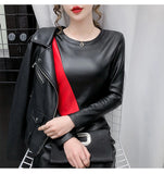 Long Sleeve Color Spliced Leather Blouse Shirts