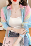 Long Sleeve Pastel Rainbow Chiffon Office Blouse Shirt
