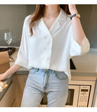 Half Sleeve Notched Collar Office Blouse Shirt