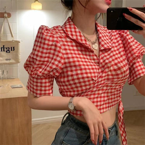 Puff Sleeve Retro Plaid Cropped Slim Shirts