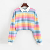 Rainbow Striped Long Sleeve Polo Collar Cropped Shirt