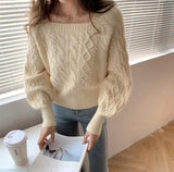 Long Sleeve Slim Square Collar Knitted Sweater