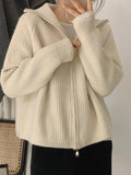 Solid Knitted Hooded Cardigan Sweater