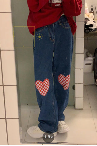High Waist Heart Checkered Shape Loose Long Jeans Pants