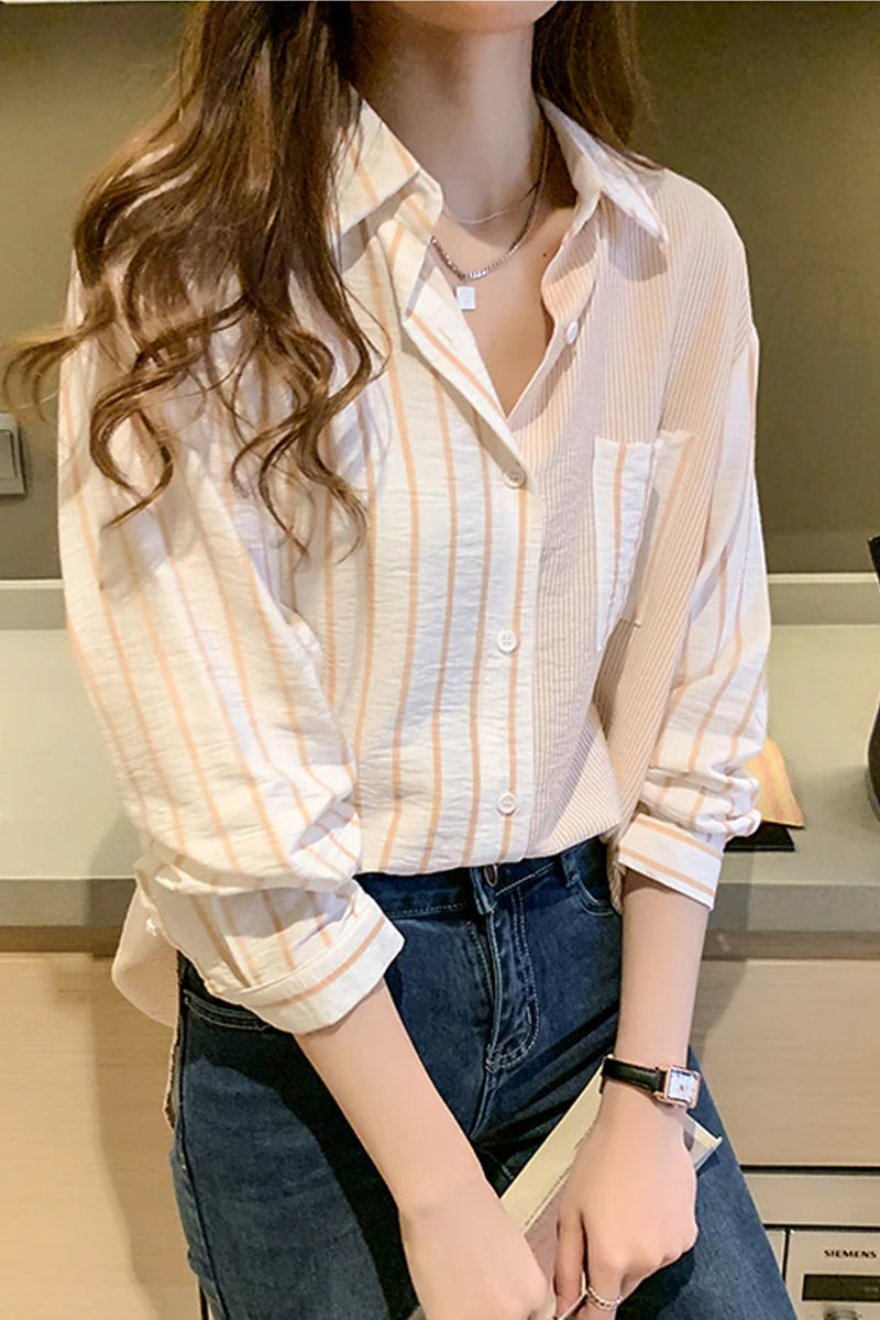 Long Sleeve Striped Patchwork Blouse Shirt – Nada Outfit Land