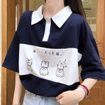 Loose Cat Japanese Printed Polo Collar Shirt