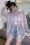 Long Sleeve Glitter Transparent Blouse Shirts