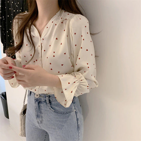 Cute Love Pattern Printed Elegant Blouse Shirt