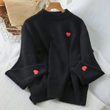 Little Heart Embroidery O-Neck Sweater