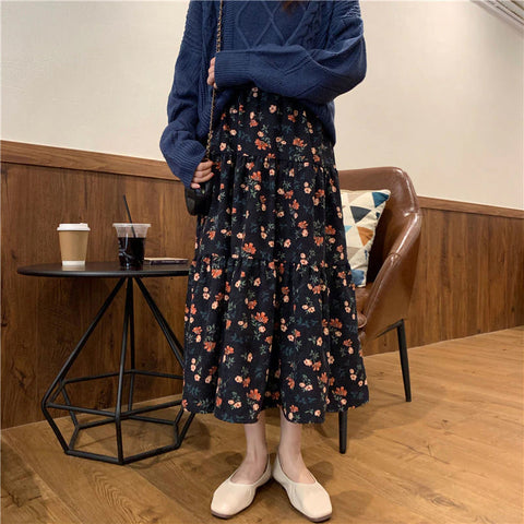 High Waist A-Line Flower Printed Corduroy Long Skirt – Nada Outfit Land