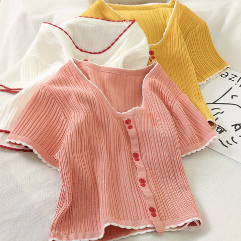 Button Up V-Neck Knitted Crop Tops