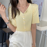 Short Sleeve Candy Colors Button Knitted Shirt
